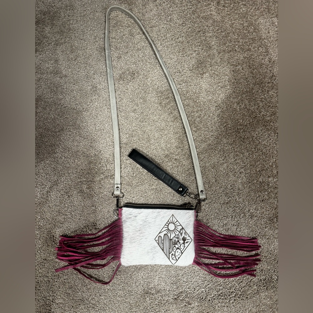 Handmade Western style Bag with Fringe and Gray hair-on hide and Magenta leather